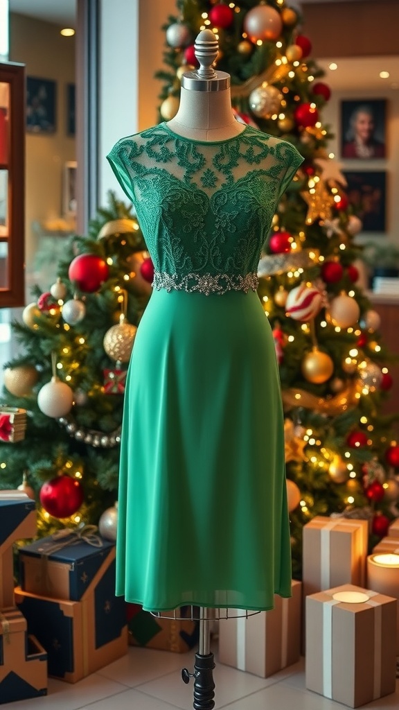Elegant green dress for a Christmas party, displayed with festive decorations.